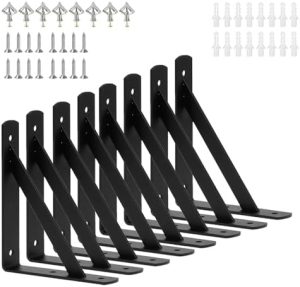 Hyllestøtter og -fester |  8-pakning L 6″ x H 4″ Kraftige hyllestøtter med skruer, vegghyllestøtter med 90 graders trekant, svarte metallhyllestøtter, monteringsskruer inkludert, hyller L-støtter (150×90 mm) Hyllestøtter og -fester Hyllestøtter og -fester